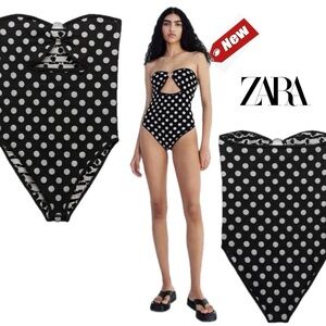 Zara black white polkadot knit strapless O-ring cut out swimsuit bodysuit XS/S🔥